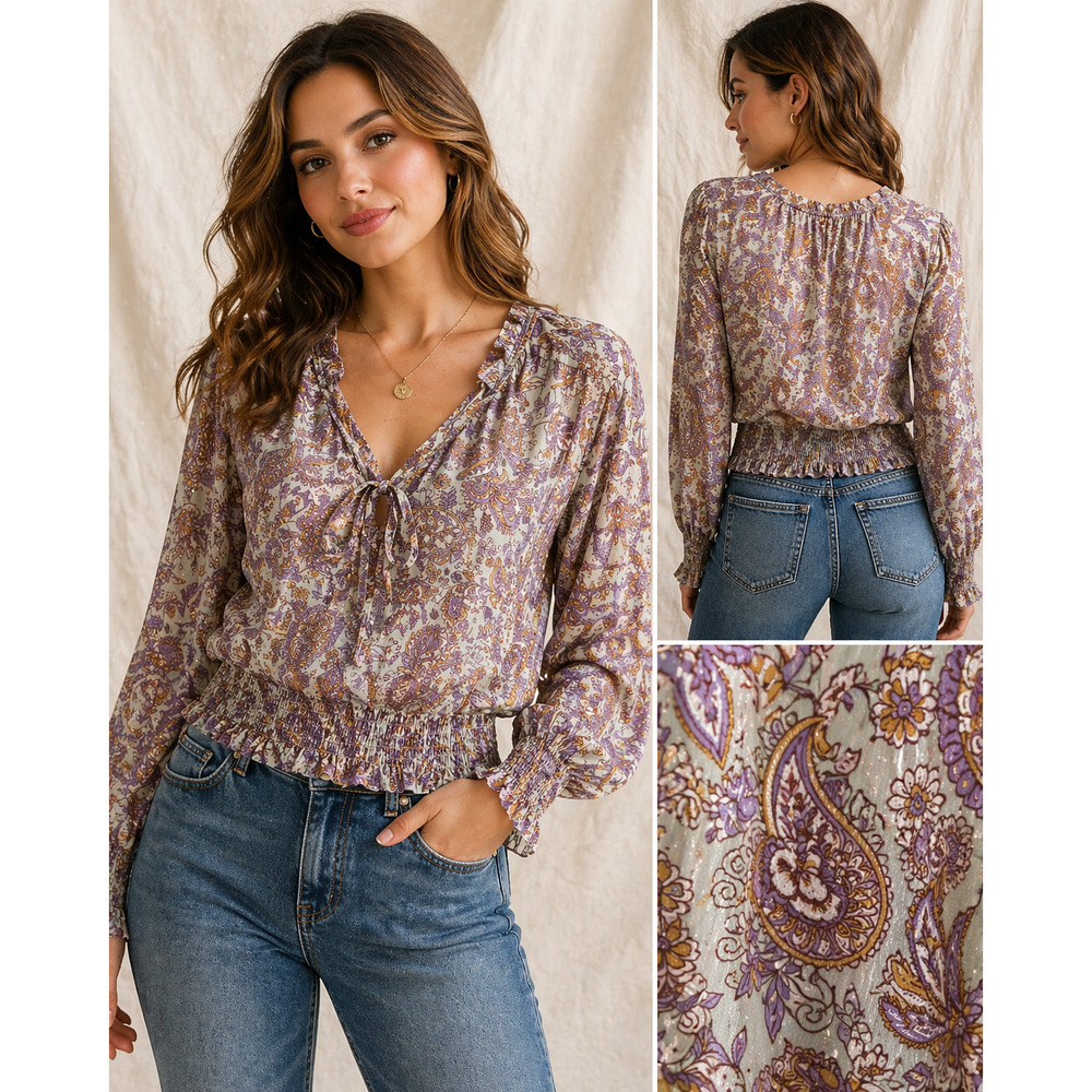 Rachel Zoe Large Blouse Paisley Sheer Boho Peasant Whimsy Romantic Cottagecore